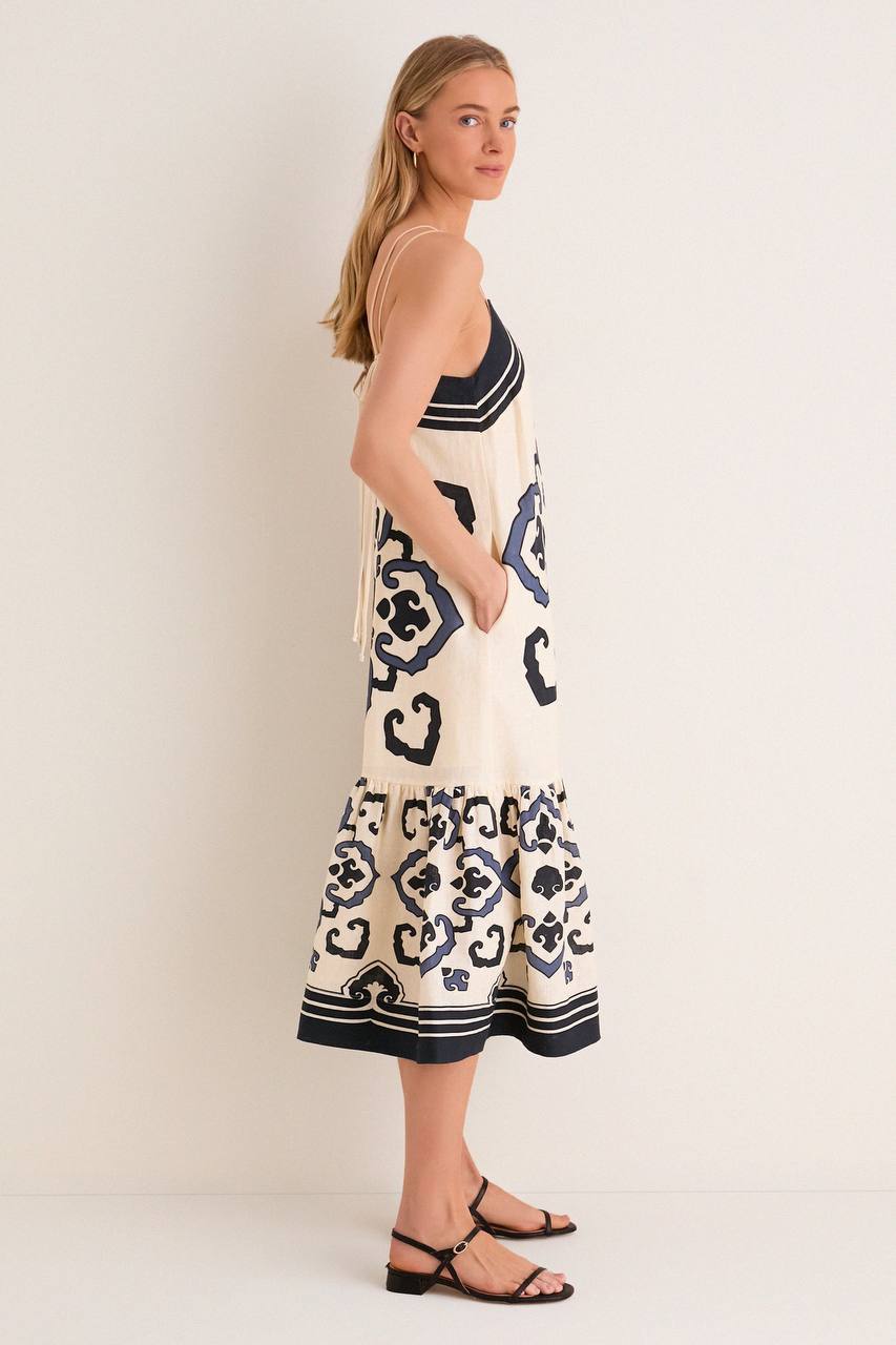 SE Blaise Linen Print Spaghetti Strap Dress