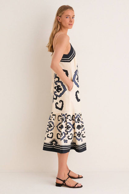 SE Blaise Linen Print Spaghetti Strap Dress