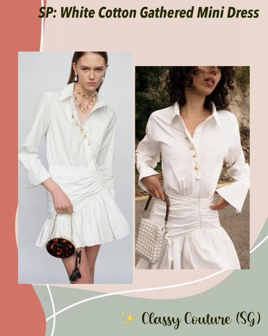 SP White Cotton Gathered Mini Dress