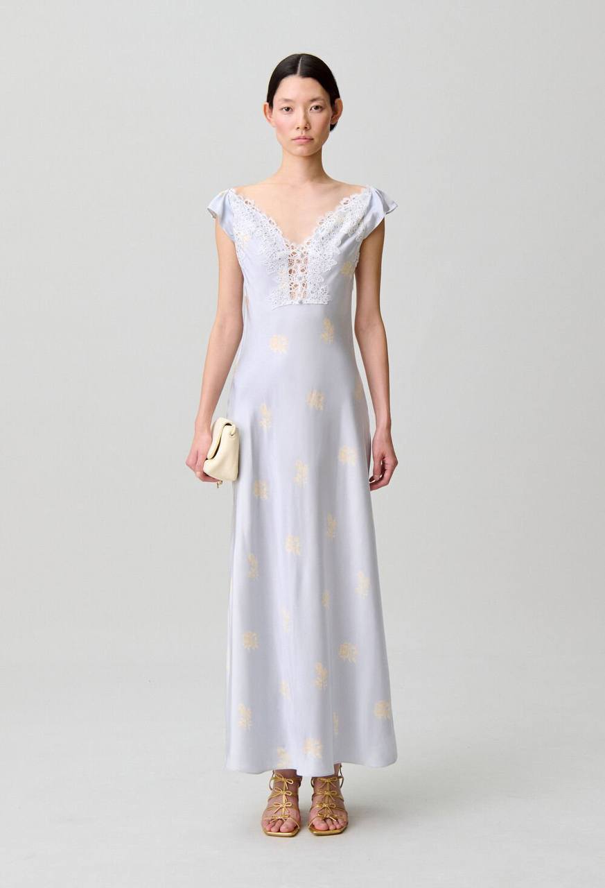 CP Viscose Satin Blue Floral Print Lace-front Maxi Dress