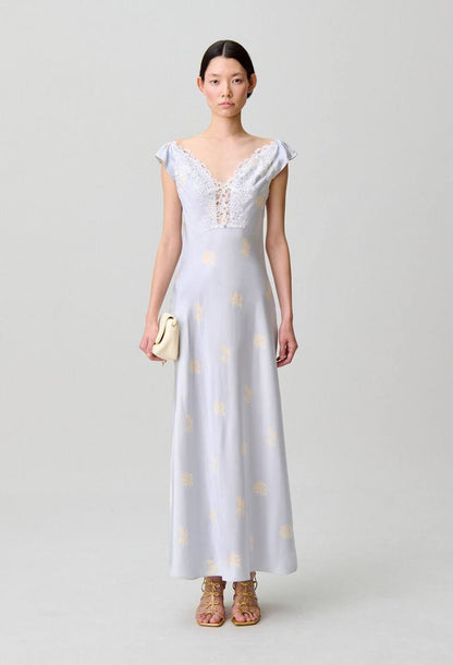 CP Viscose Satin Blue Floral Print Lace-front Maxi Dress