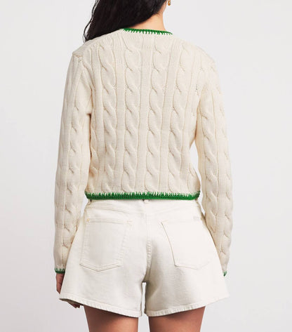 3 Colors! RL Whipstitch Trim Cable Stitch Cotton Cropped Cardigan