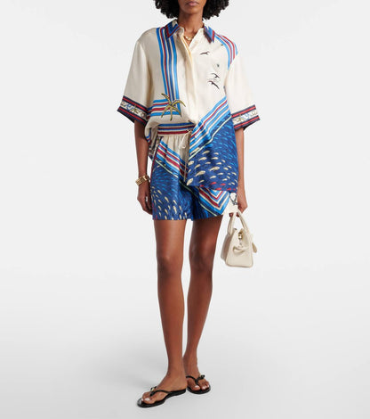 ALM023 Nautical Stripe Silk Satin Top | Sea Shorts | Set