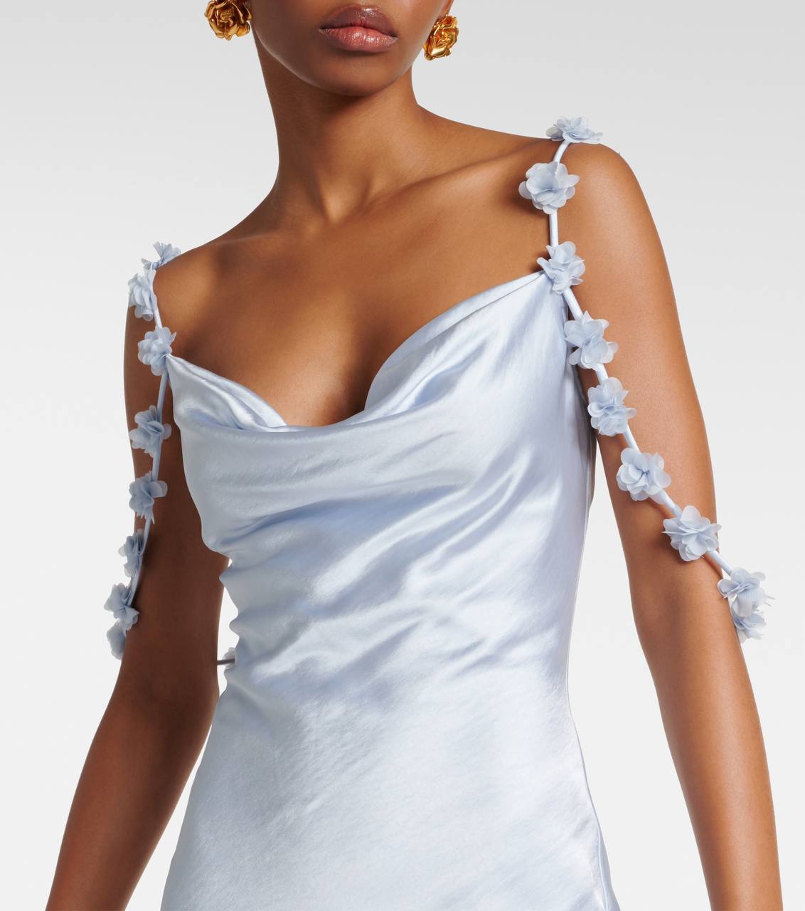 SP Satin Floral Appliqué Cowl Neck Maxi Dress