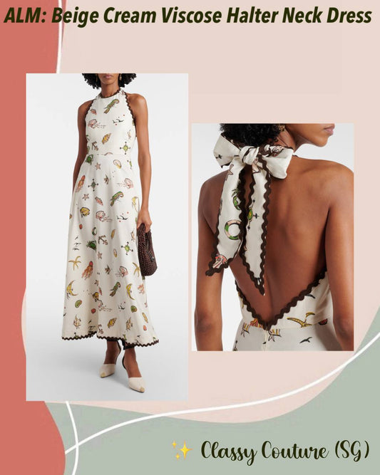Beige Cream Viscose Halter Neck Dress