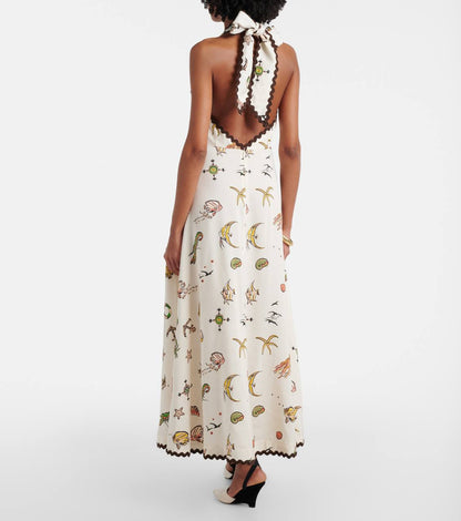 Beige Cream Viscose Halter Neck Dress