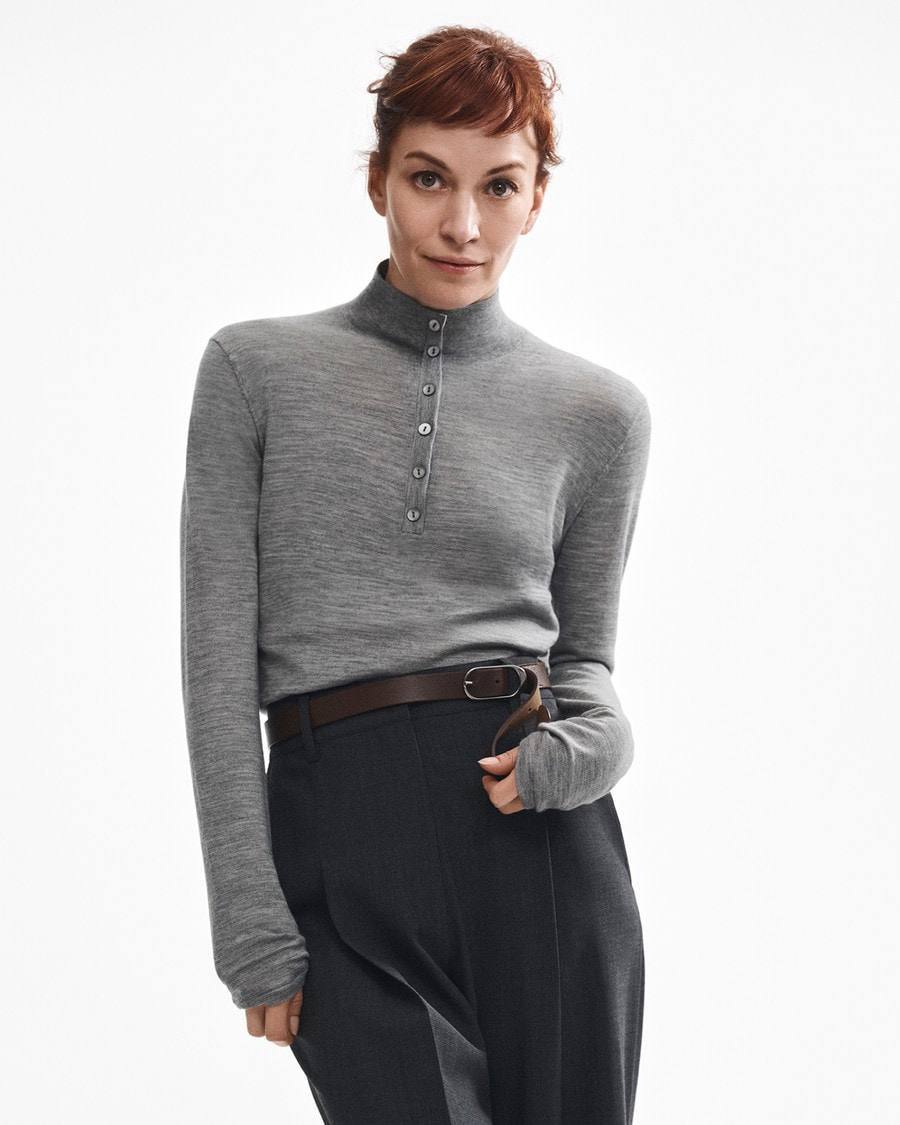 TH Shirred Henley Regal Wool Sweater Quarter Button Long Sleeve Top