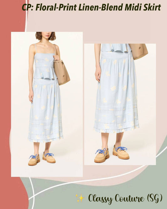 CP Floral-Print Linen-Blend Midi Skirt