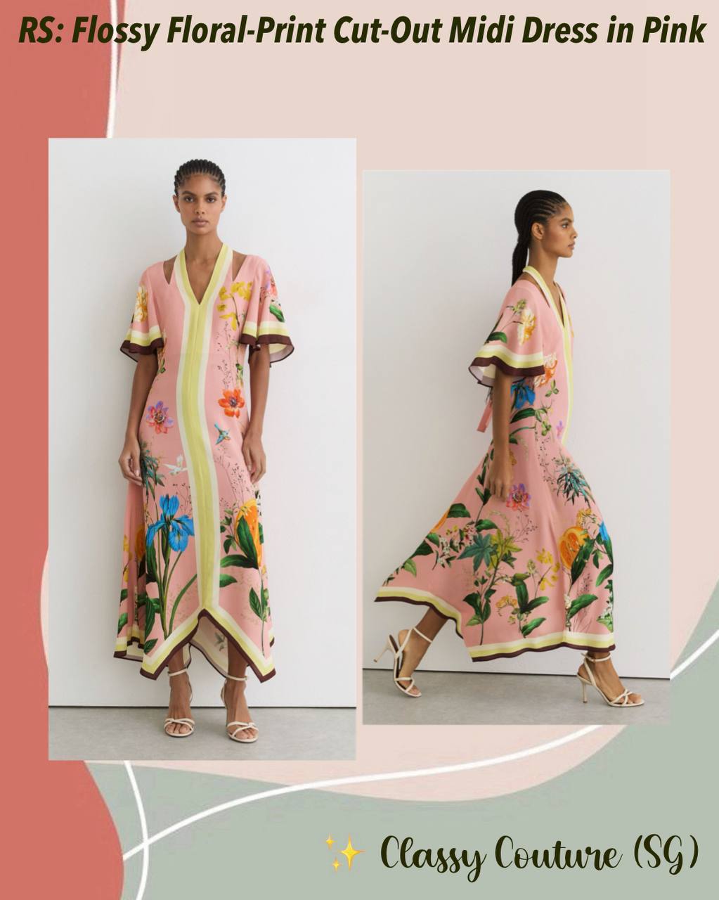 RS Flossy Floral-Print Cut-Out Midi Dress in Pink