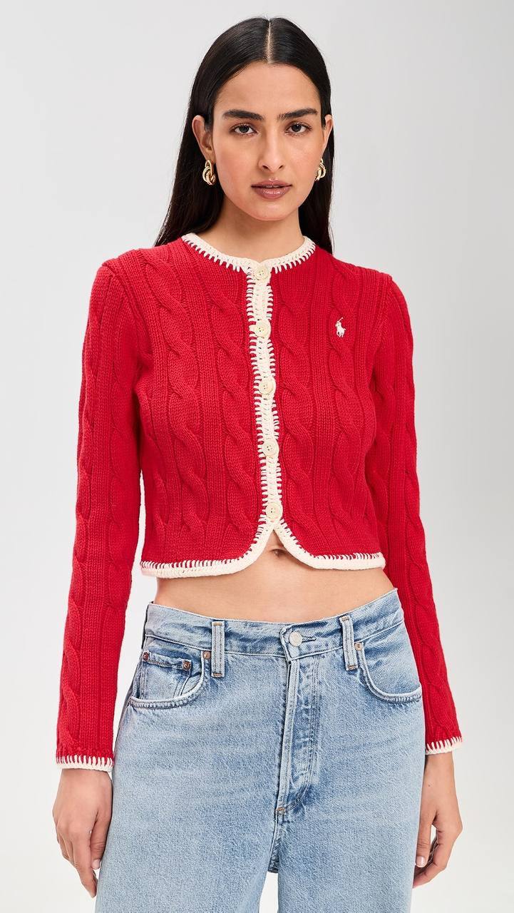 3 Colors! RL Whipstitch Trim Cable Stitch Cotton Cropped Cardigan