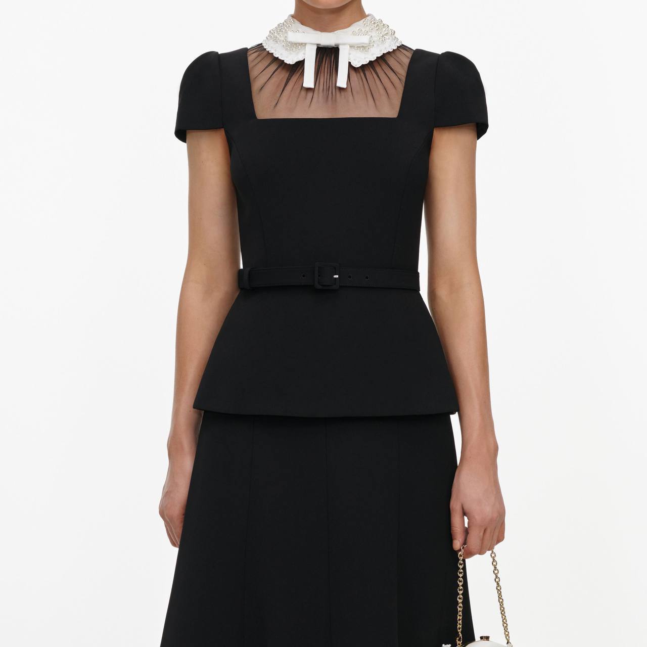 SP Black Crepe Bow Collar Midi Dress | Peplum Top