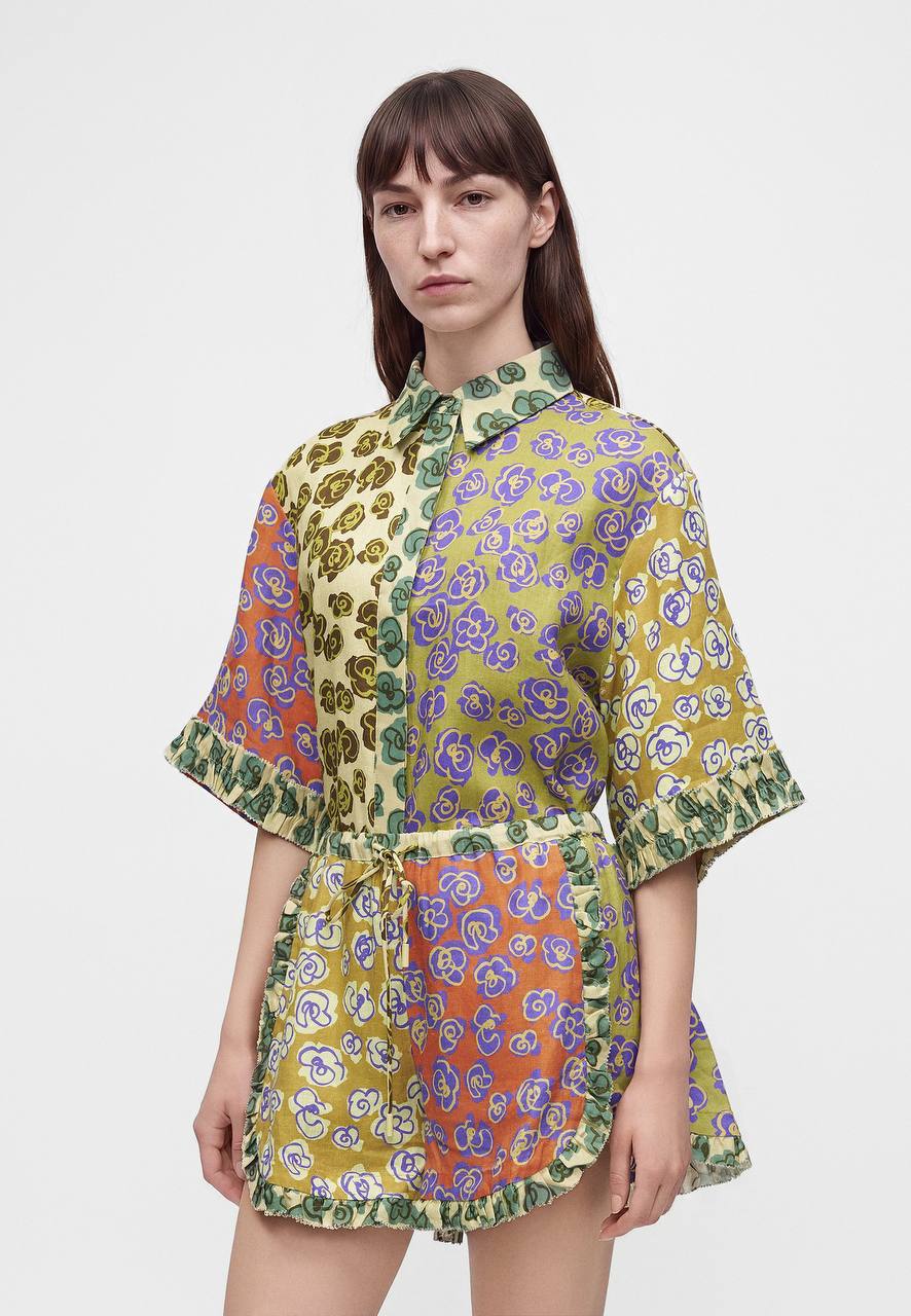 ALM022 Kaleidoscope Floral Spliced Shirt | Short | Hemp Linen Set