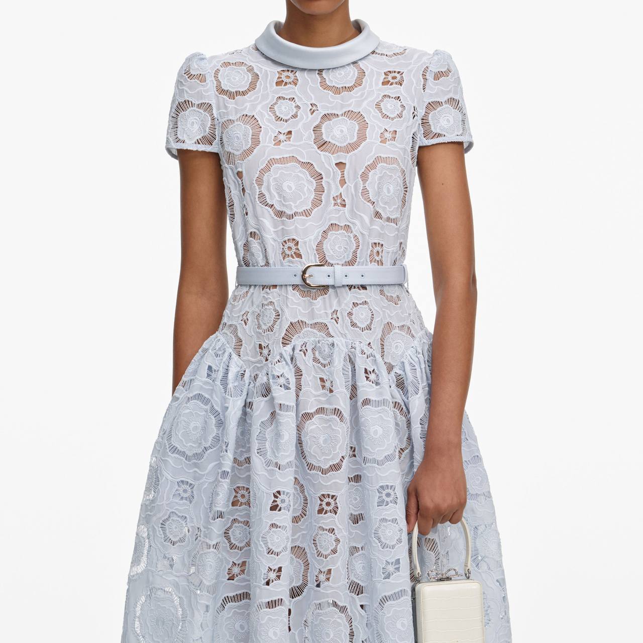 SP Blue Lace Floral Satin Collar Midi Dress