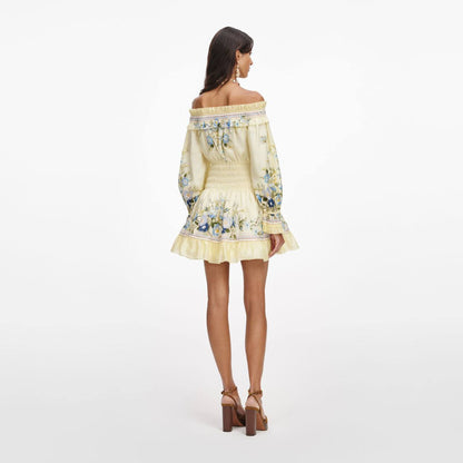 SP Yellow Floral Cotton-Silk Organza Ruffle Off-Shoulder Mini Dress