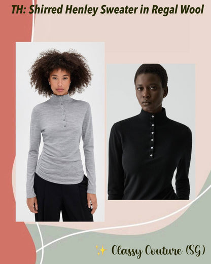 TH Shirred Henley Regal Wool Sweater Quarter Button Long Sleeve Top