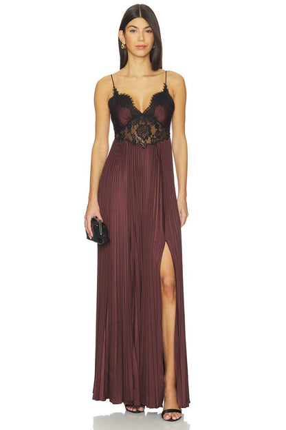 SP Brown Satin Lace Insert Maxi Dress