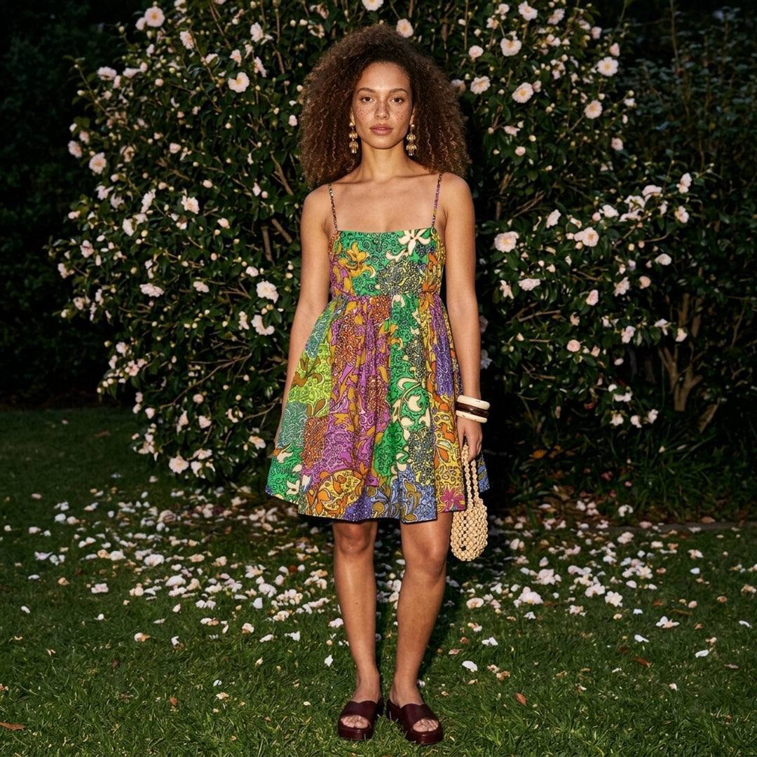 ALM020 Floral Patchwork Party Cotton-silk Babydoll Mini Dress