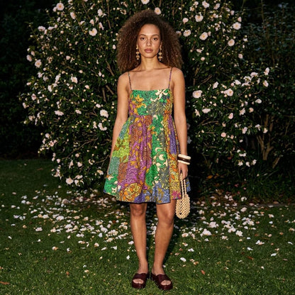 ALM020 Floral Patchwork Party Cotton-silk Babydoll Mini Dress