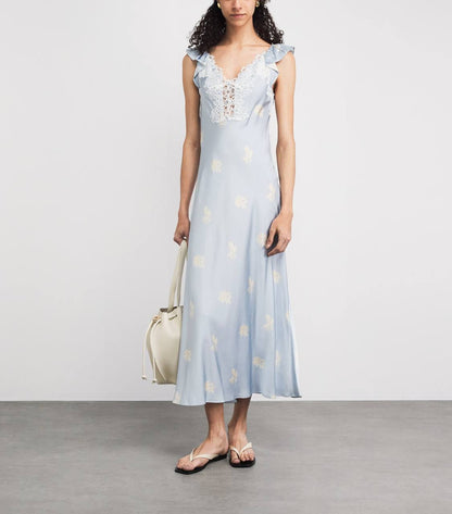 CP Viscose Satin Blue Floral Print Lace-front Maxi Dress