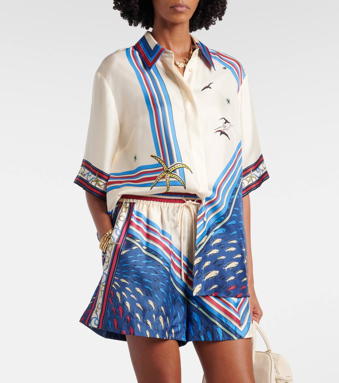 ALM023 Nautical Stripe Silk Satin Top | Sea Shorts | Set