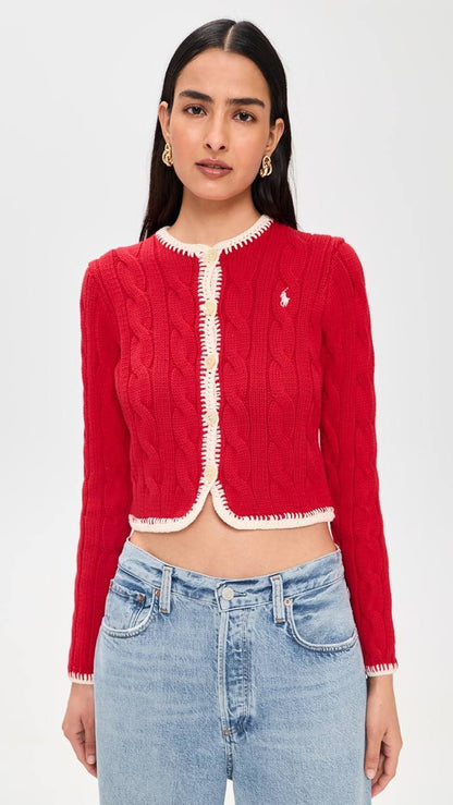 3 Colors! RL Whipstitch Trim Cable Stitch Cotton Cropped Cardigan