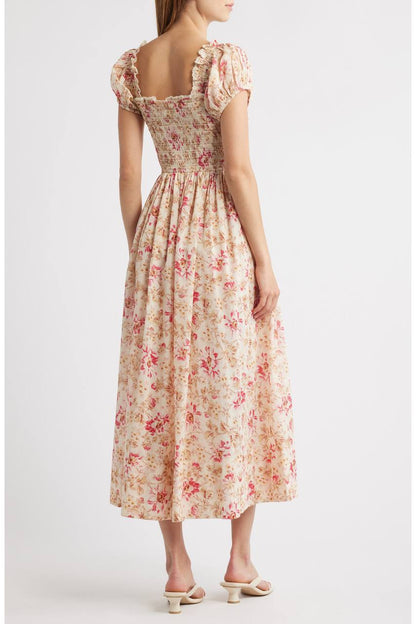 DN Floral Smocked Organic-cotton Midi Dress