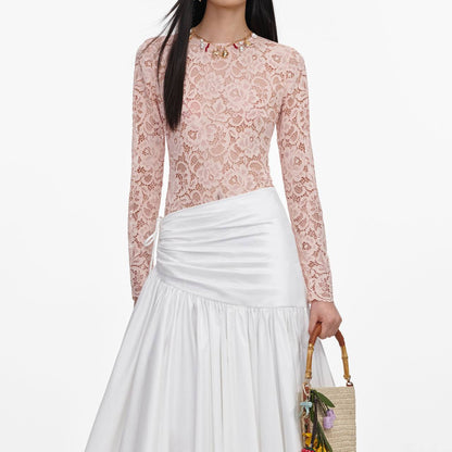 SP Beige-pink Floral Lace BodySuit One-piece | White Cotton Asymmetrical Midi Skirt | Set