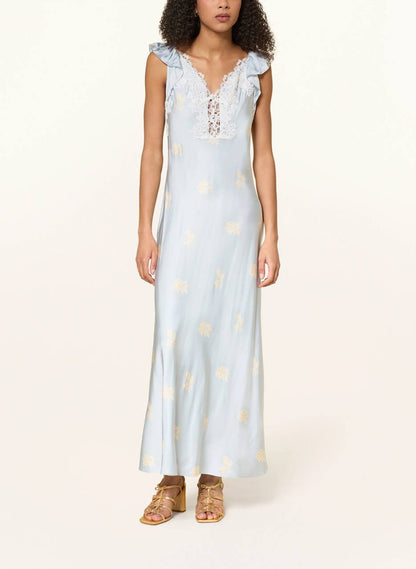 CP Viscose Satin Blue Floral Print Lace-front Maxi Dress