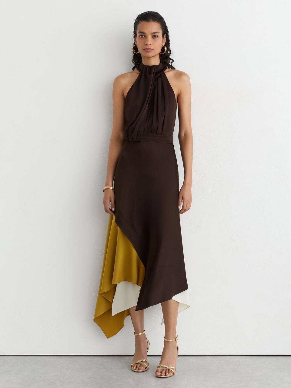 RS Bianca Colour-Block Layered Midi Dress in Brown/Yellow/Cream