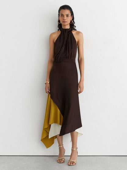 RS Bianca Colour-Block Layered Midi Dress in Brown/Yellow/Cream