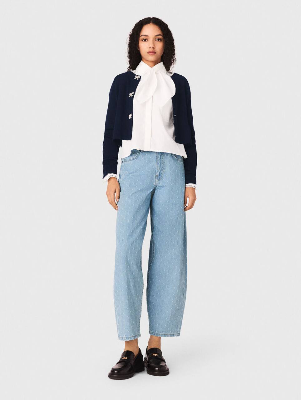 Jewelled Bow-Button Wool Cardigan in Cream & Navy