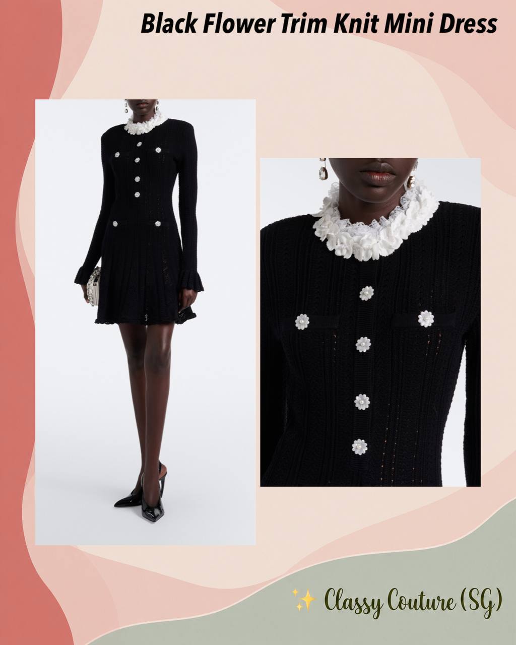 Black Flower Trim Knit Mini Dress