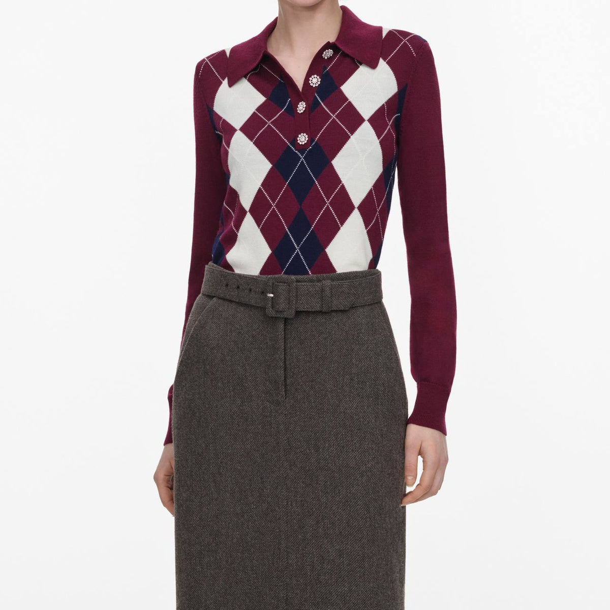Burgundy Lightweight Argyle Jumper - Image 5