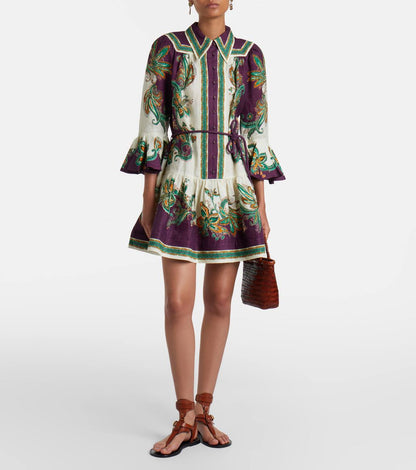 ALM002 Plum/Green Paisley Linen Shirtdress Mini Dress | Midi Dress