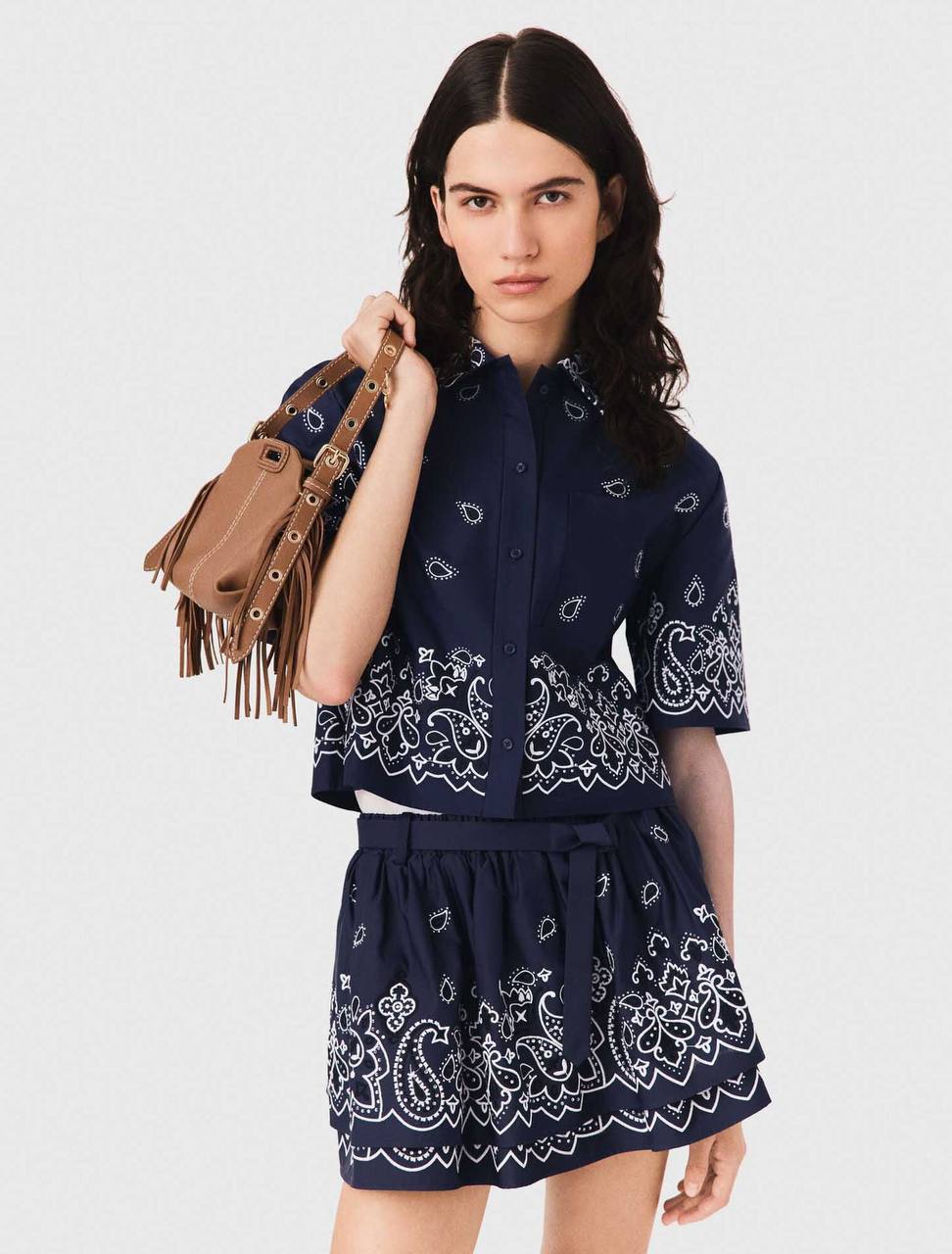 MJ: Cropped Embroidered Bandana Print Shirt | Skirt