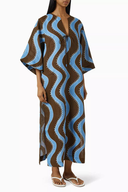 ALM019 Bold Brown/Blue Wave Stitch Tunic Shift Linen Midi Dress