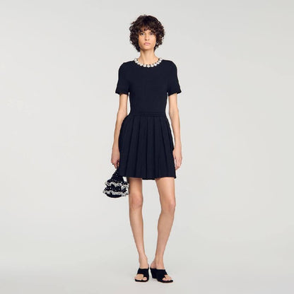 Black Short Sleeve Beaded Flowers Flared Viscose-blend Mini Dress
