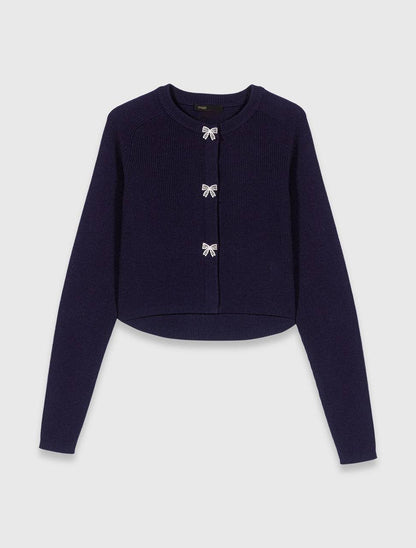 Jewelled Bow-Button Wool Cardigan in Cream & Navy