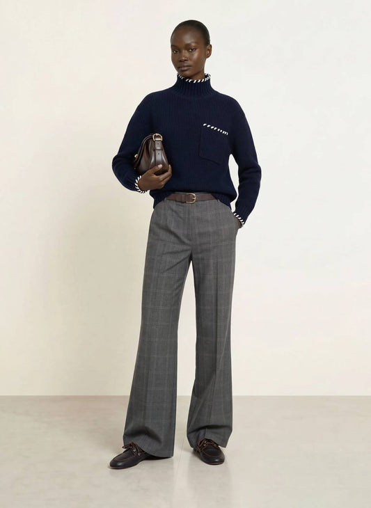 Navy Blue Mock Neck Wool Jumper with Braided Pocket