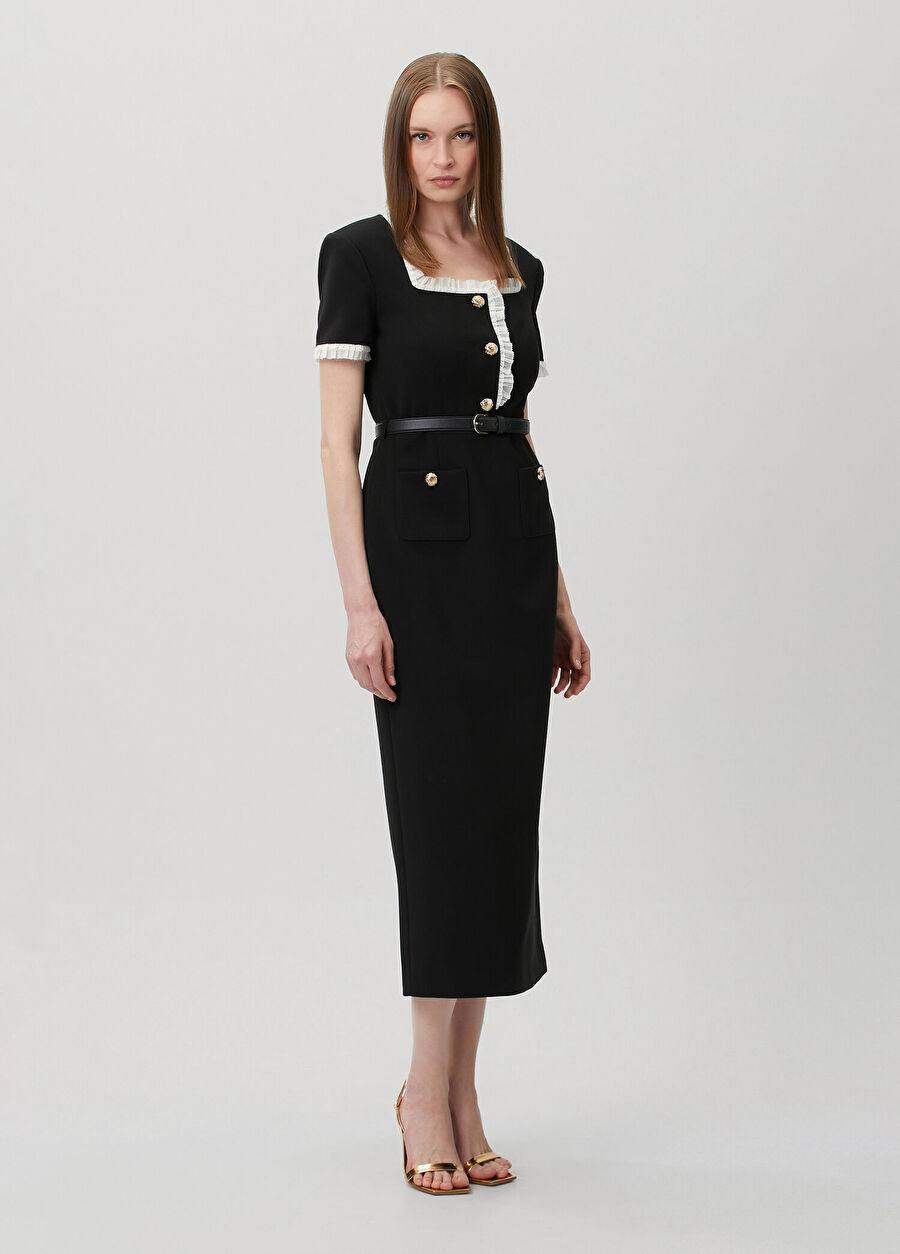 SP Black Crepe Contrast Frill Midi Dress