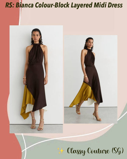 RS Bianca Colour-Block Layered Midi Dress in Brown/Yellow/Cream