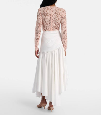 SP Beige-pink Floral Lace BodySuit One-piece | White Cotton Asymmetrical Midi Skirt | Set