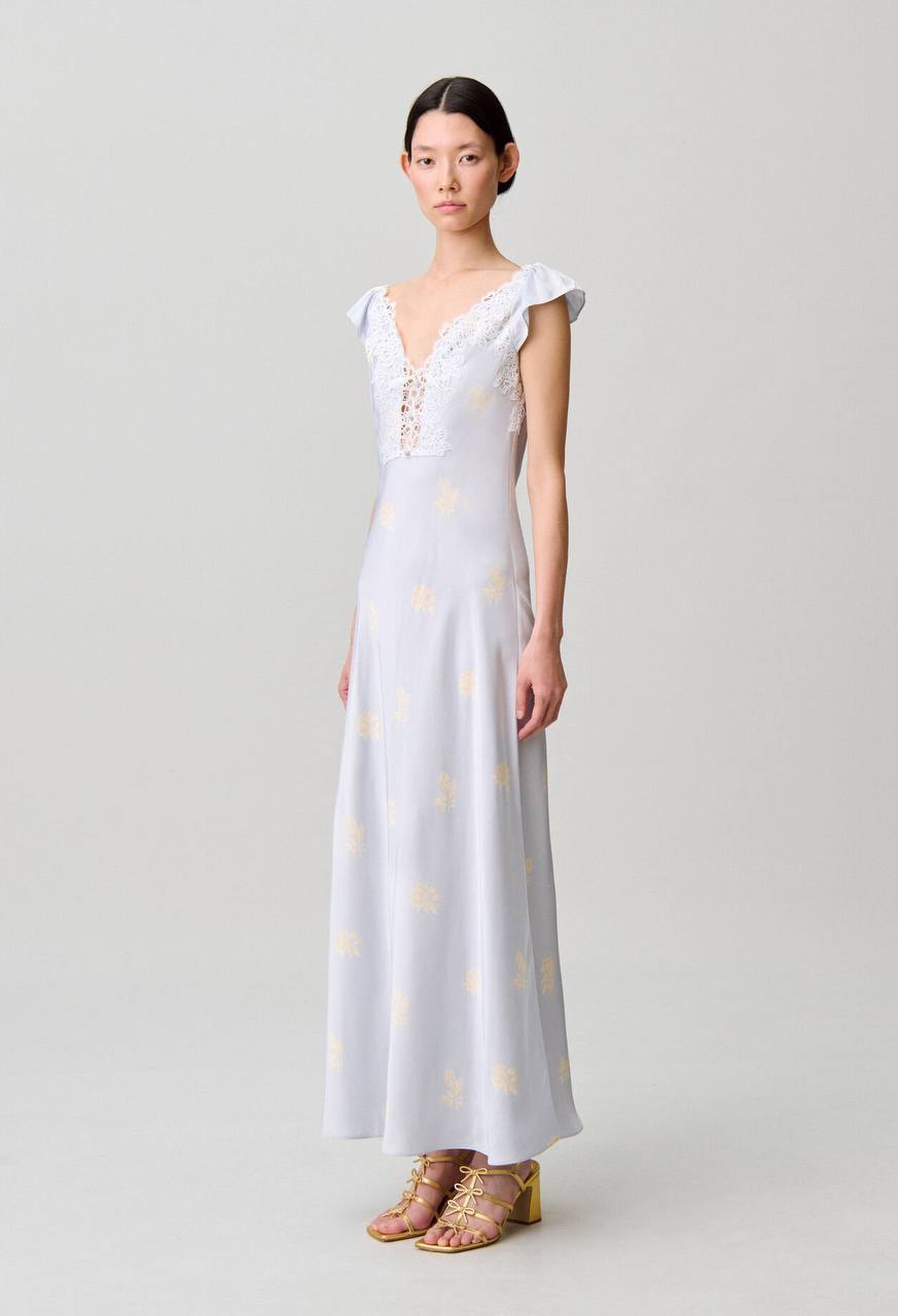 CP Viscose Satin Blue Floral Print Lace-front Maxi Dress