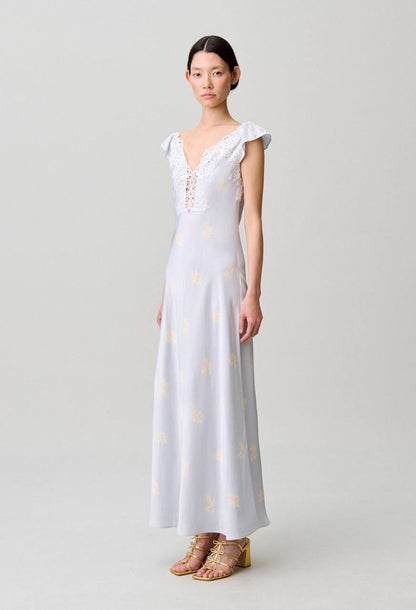 CP Viscose Satin Blue Floral Print Lace-front Maxi Dress