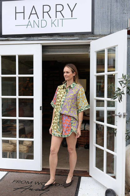 ALM022 Kaleidoscope Floral Spliced Shirt | Short | Hemp Linen Set