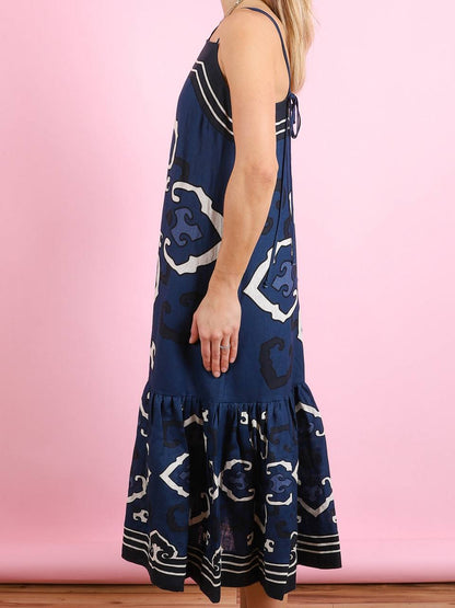 SE Blaise Linen Print Spaghetti Strap Dress