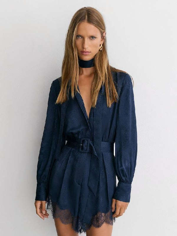 Navy Marlow Jacquard Lace-Trim Scarf-Neck Playsuit