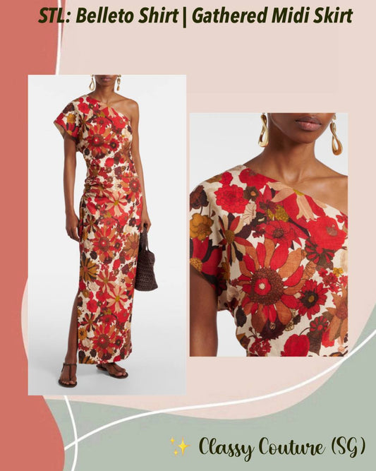 STL Belleto One-shoulder Cropped Shirt Top | Gathered Midi Skirt | Linen Set