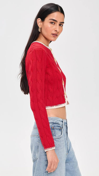 3 Colors! RL Whipstitch Trim Cable Stitch Cotton Cropped Cardigan