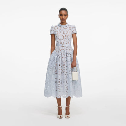 SP Blue Lace Floral Satin Collar Midi Dress